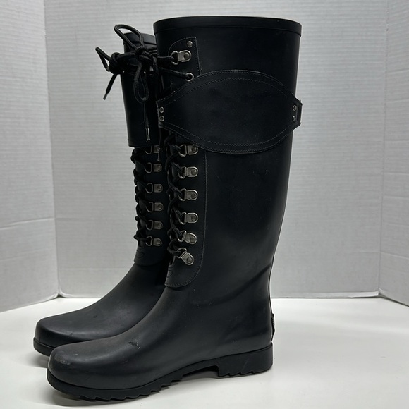Ugg Madelyn Rain Boots 16" Tall Lace Up Military Waterproof Boot Black Size 8 - Picture 1 of 11
